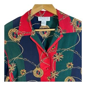 Vintage Petite Sophisticate 100% Silk Charmeuse Blouse Gold‎ Medallions 80's